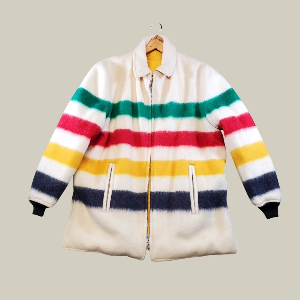 Vintage Hudson's Bay Reversible Wool Blanket Coat White Stripe Jacket Mens L